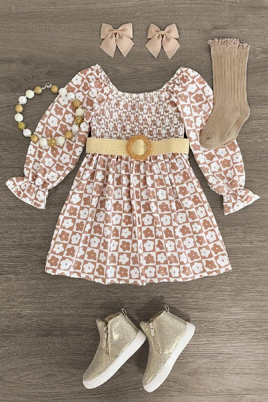 Cheap Women's Clothing Online White & Brown Flower Checkered Dress