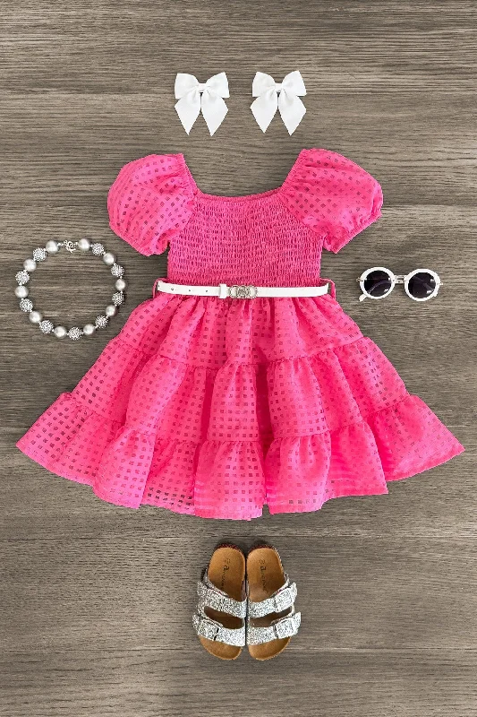 Women's Elegant Evening Outfit Hot Pink Smocked Puff Sleeve Dress