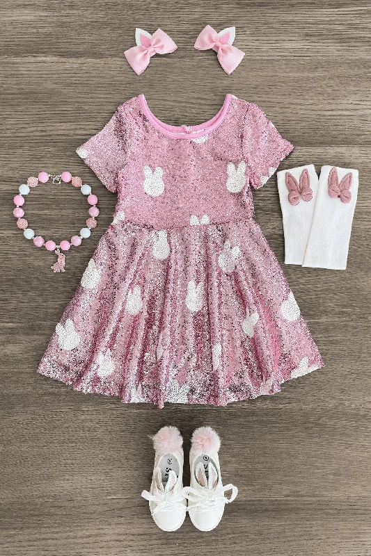 Women's Vintage-Inspired Outfit Pink Sequin Bunny Dress