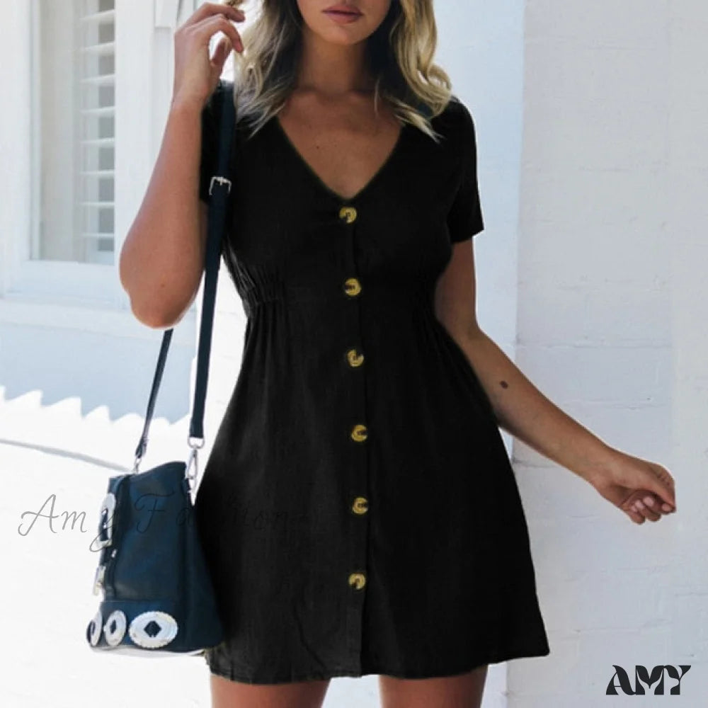 Women's Outfit Amy Fashion - Pure Color Single Row Buttons V-Neck Dress