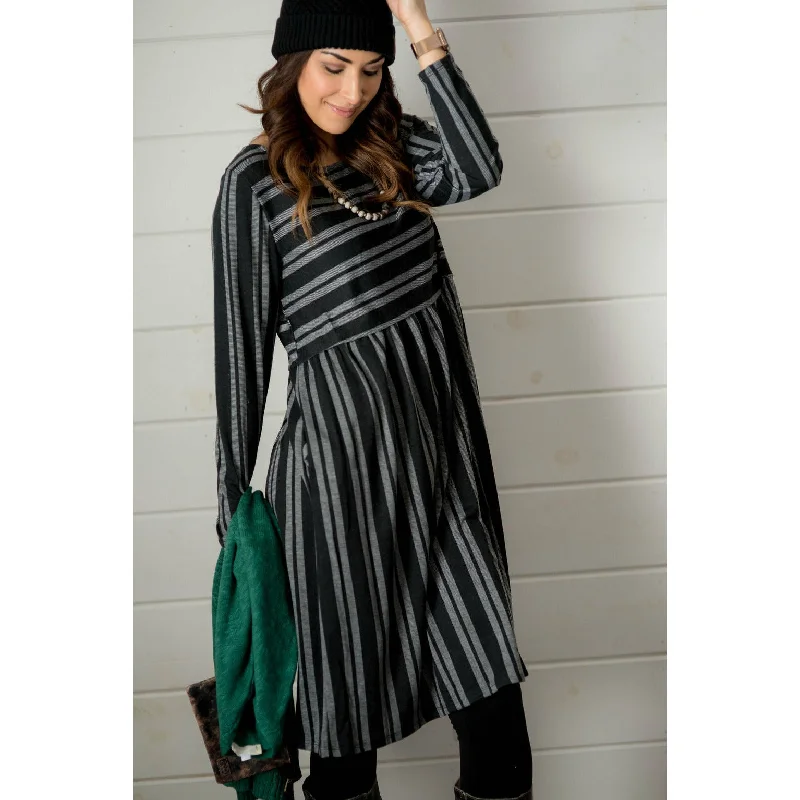 Women's Vintage-Inspired Clothing Double Mixed Stripe Dress - Black