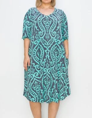 Women's Evening Wear Teal & Gray Medallion Damask Print Dress