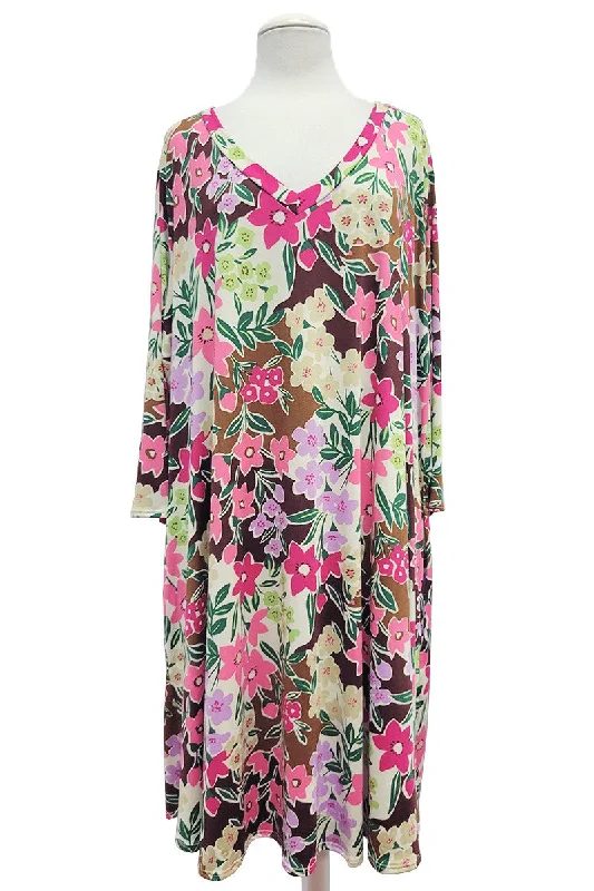 Casual Chic Clothing For Women Brown Pink V Neck Flower Print Dress w Pockets