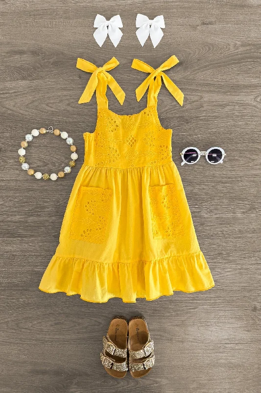 Women's Chic Outfit Yellow Eyelet Tie Shoulder Dress