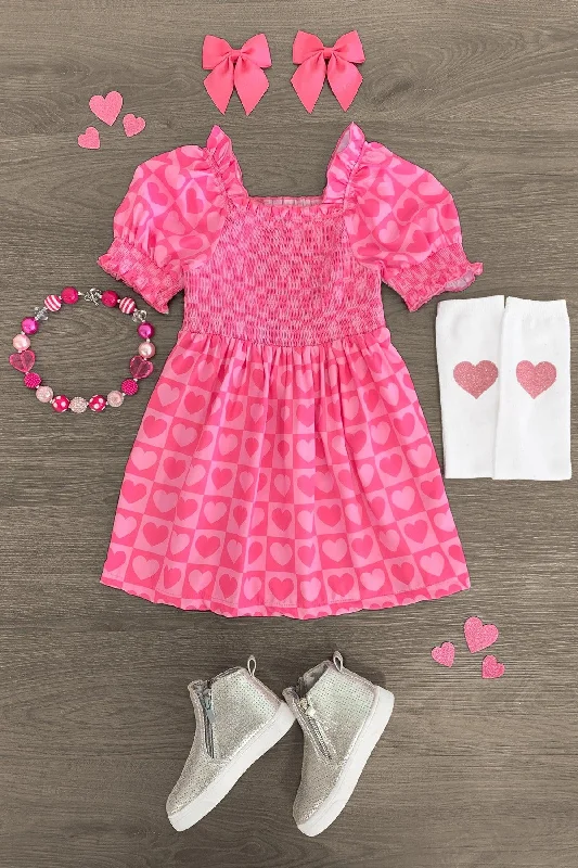 Women's Evening Clothing Pink Checkered Heart Dress