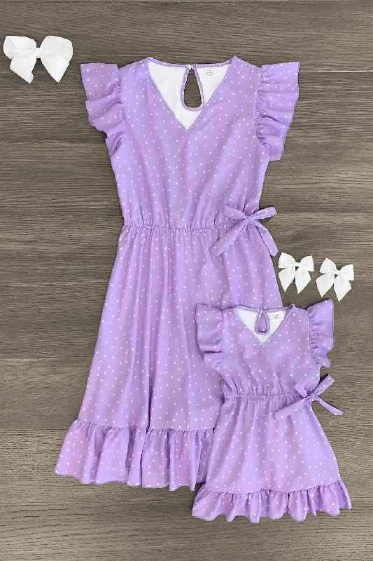 Timeless Women's Garments Mom & Me - Lavender Polka Dot Ruffle Dress