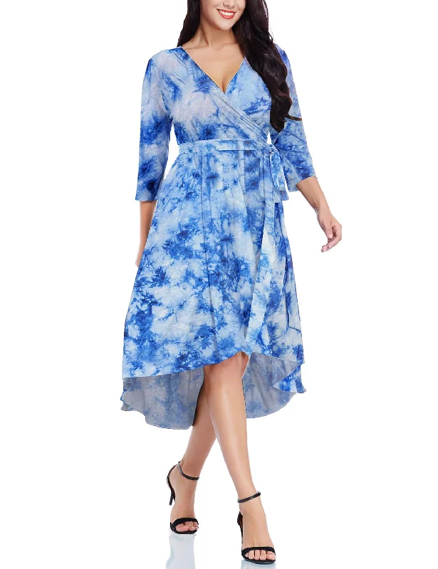 Affordable Women's Clothing Blue Tie-Dye High-Low Plus Size Wrap Skater Dress