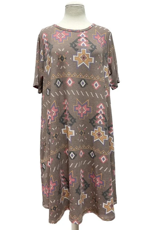 Bold and Elegant Women's Fashion Brown Aztec Print Dress w Pockets