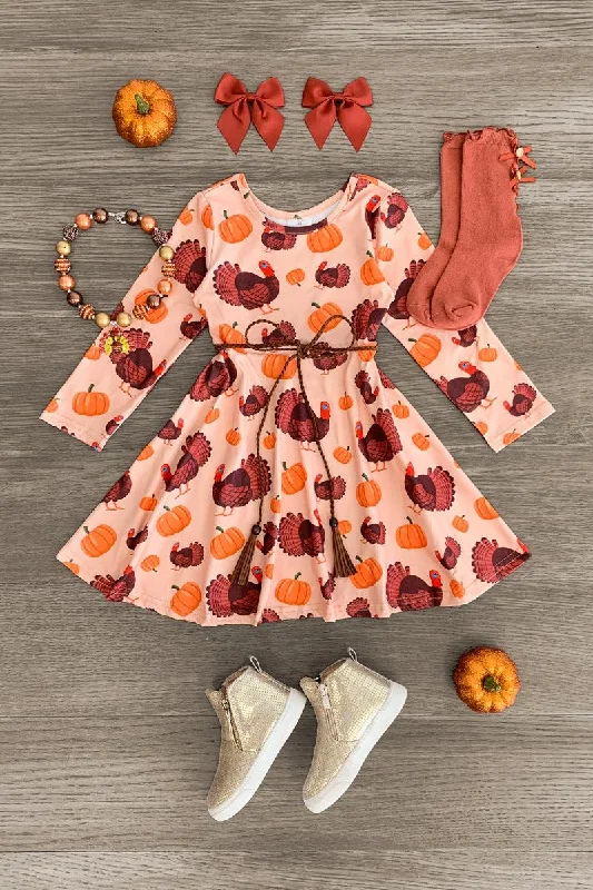 Women's Elegant Outfit Tan Pumpkin Turkey Dress