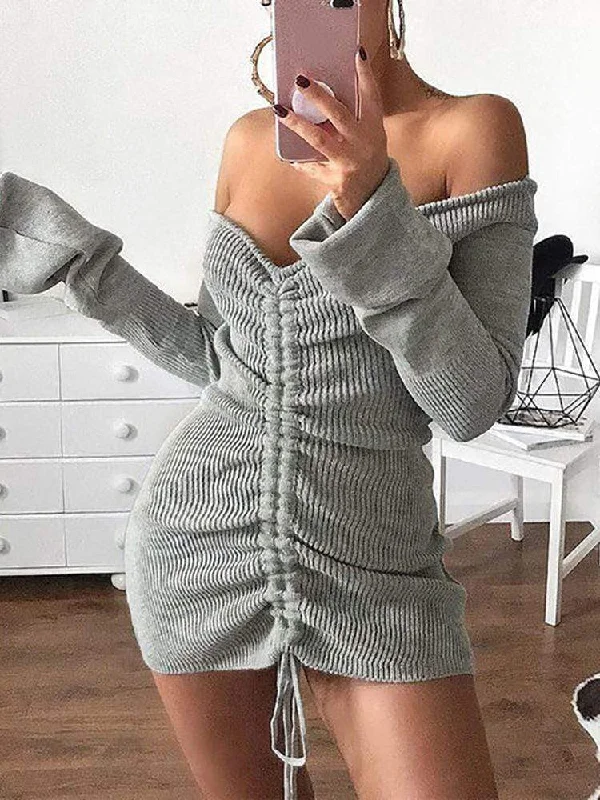 Relaxed Style Sexy Off The Shoulder Drawstring Mini Sweater Dress