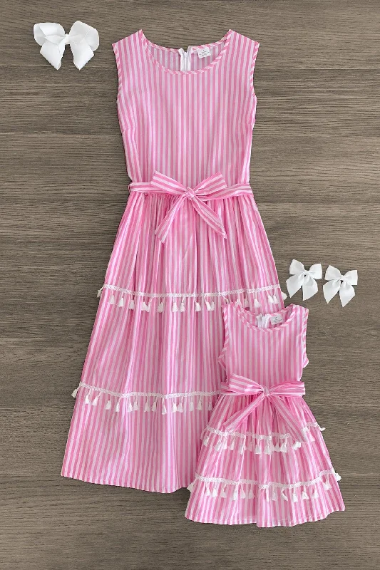 Fashion Women's Clothing Mom & Me - Pink & White Stripe Tassel Dress