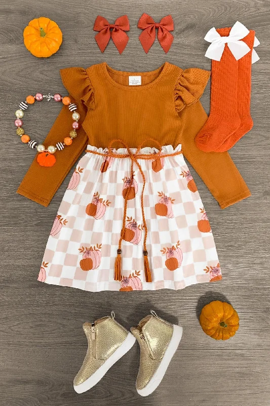 Trendy Outfits For Ladies Orange & Pink Checkered Pumpkin Dress