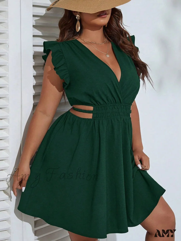 Fashion Essentials Amy Fashion - Ruffle Trim Cut Out Waist Dress