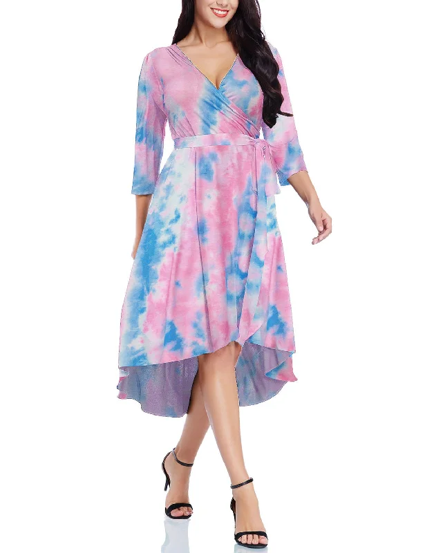 Classic Clothes For Women Pink Tie-Dye High-Low Plus Size Wrap Skater Dress