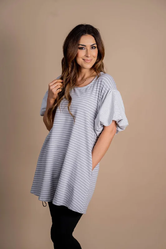 Affordable Women's Garments Mixed Stripes Puff Sleeve Tunic Dress