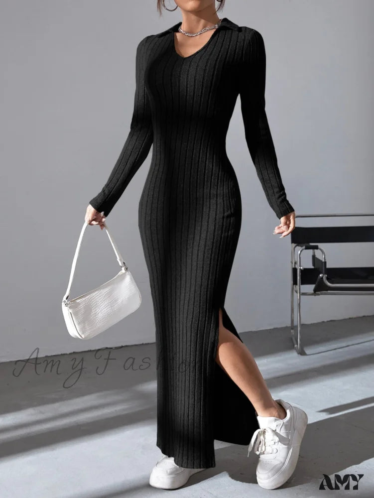 Women's Relaxed Outfit Amy Fashion - Solid Ribbed Knit Split Thigh Dress