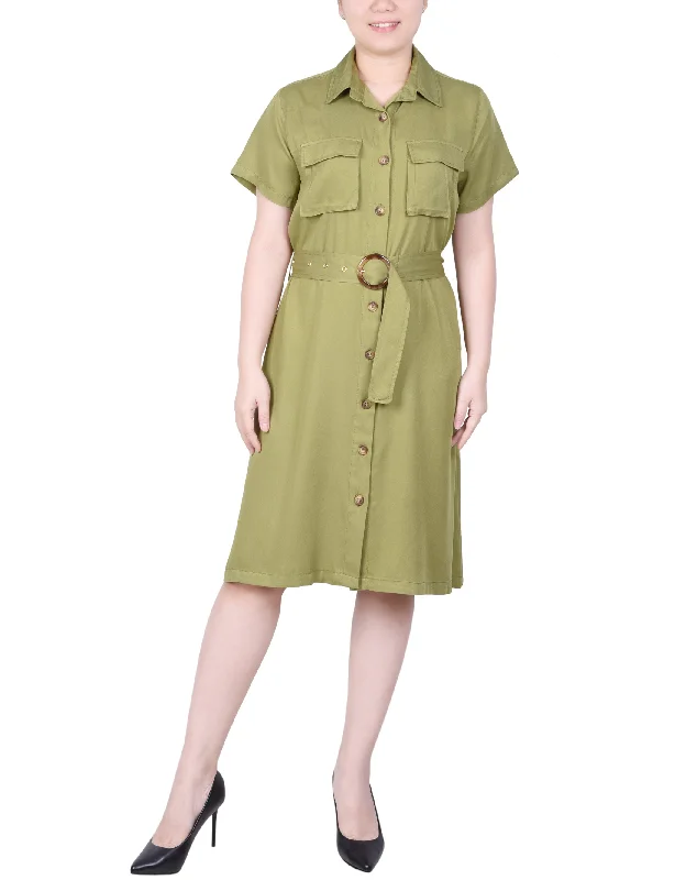 Fashion Forward Petite Short Sleeve Safari Style Dress