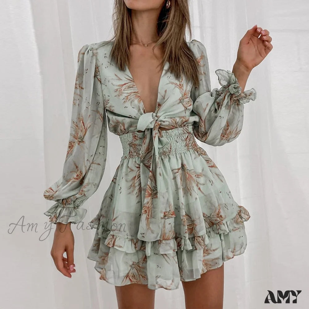 Women's Night-Out Outfit Amy Fashion - Self-tie Knot Front Ruffles Leopard Dress