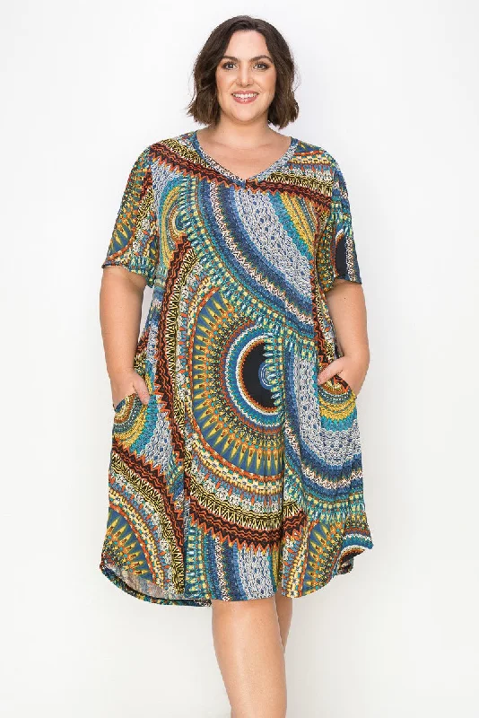 Best Online Clothing Boutiques Gorgeous Medallion Swirl Dress w V Neck and Pockets