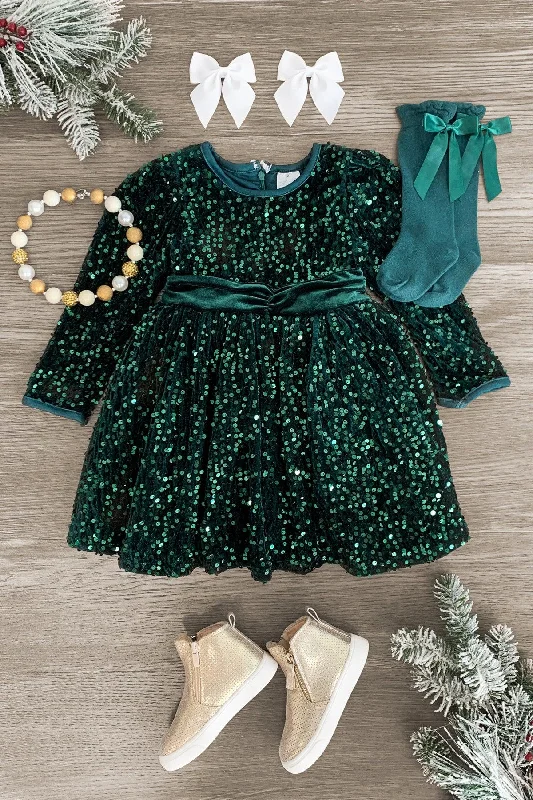 Classic Women's Fashion Green Velvet Sequin Dress