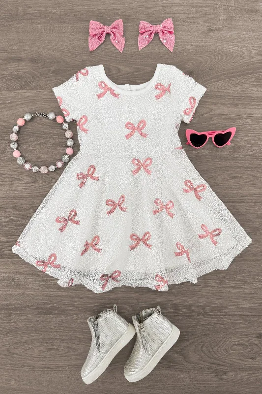 Charming Everyday Clothing For Women White & Pink Sequin Bow Dress