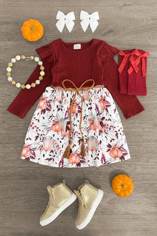 Bold Prints Casual Chic Burgundy Pumpkin Fall Foliage Dress