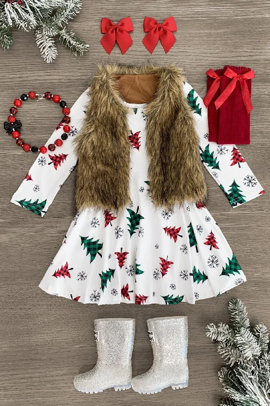 Classic Women's Clothing Styles White Plaid Christmas Tree Dress