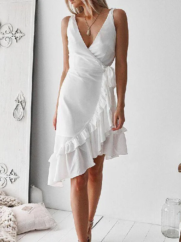 Women's Clothing For Work Shoulder Ties Ruffle Knee Length White Dress