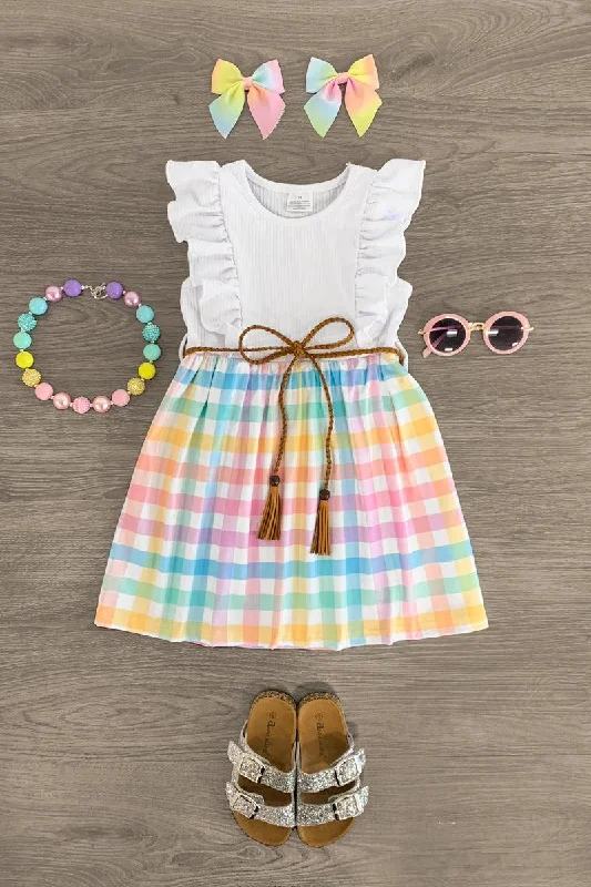 Earthy Tones White Pastel Rainbow Plaid Dress