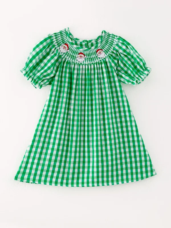 Fashionable Women's Clothes Christmas Santa Claus Smocking Green Plaid Embroidery Dress