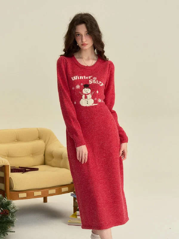 Trendy Boutique Online 【Final Sale】Natalie Round Neck Snowman Wool Dress