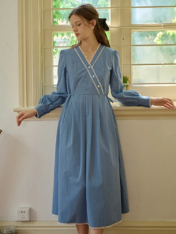 Vibrant Styles 【Final Sale】Chandler V-Neck Trimmed Lace-up Contrasting Button Cotton Dress