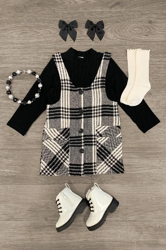 Women's Workout Garments Black Plaid Jumper Dress Set