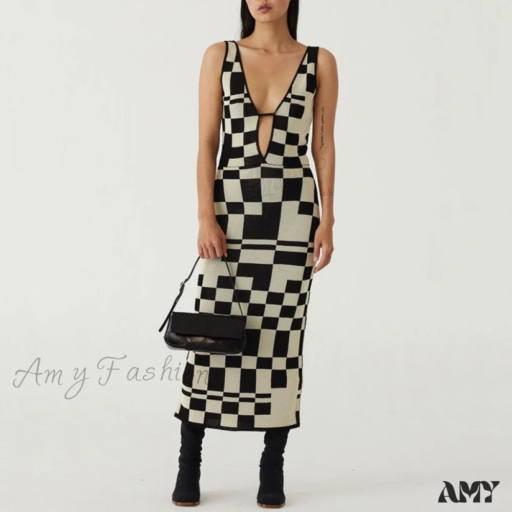 Women's Clothes Amy Fashion - Plaid Print Spaghetti Strap Hollow Out Vestidos Dresses