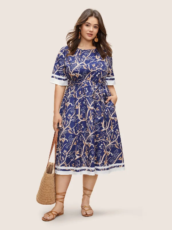 Latest Fashion Plants Print Contrast Belted Pleated Dress