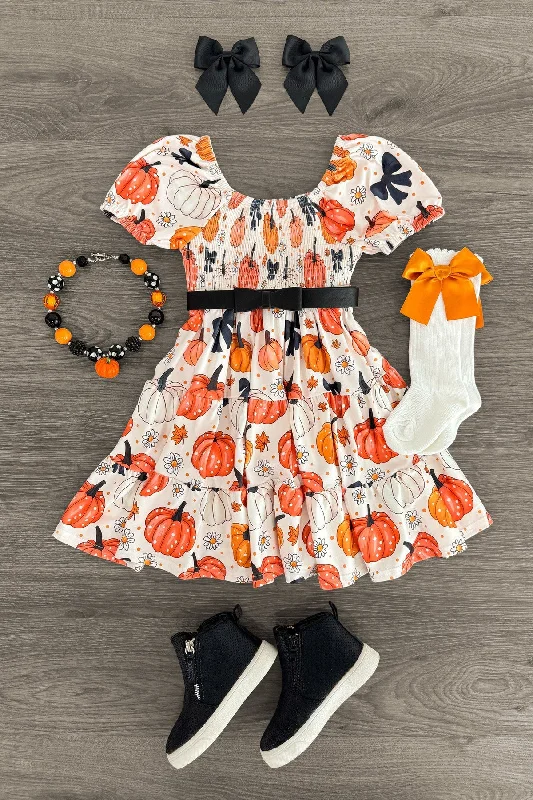 Classic Women's Clothing Styles Polka Dot Pumpkin & Bows Dress