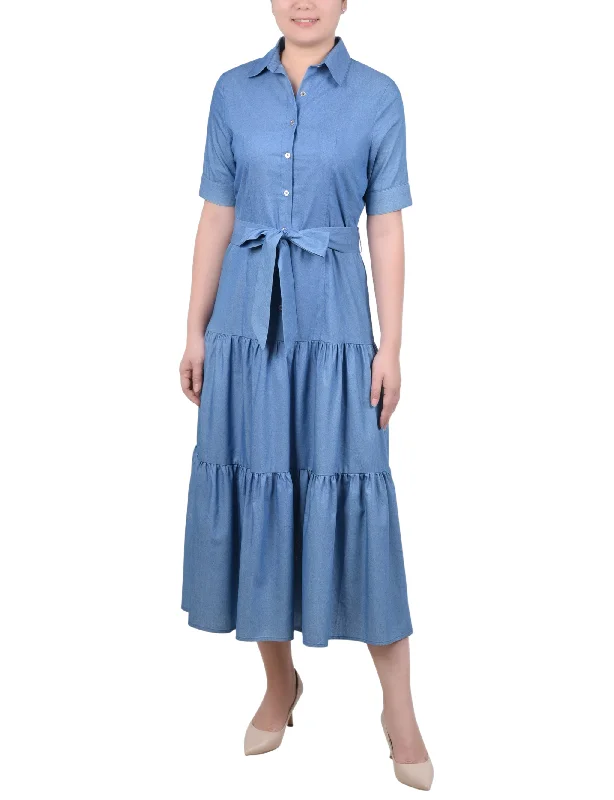 Flash Sales This Week Short Sleeve Belted Chambray Dress