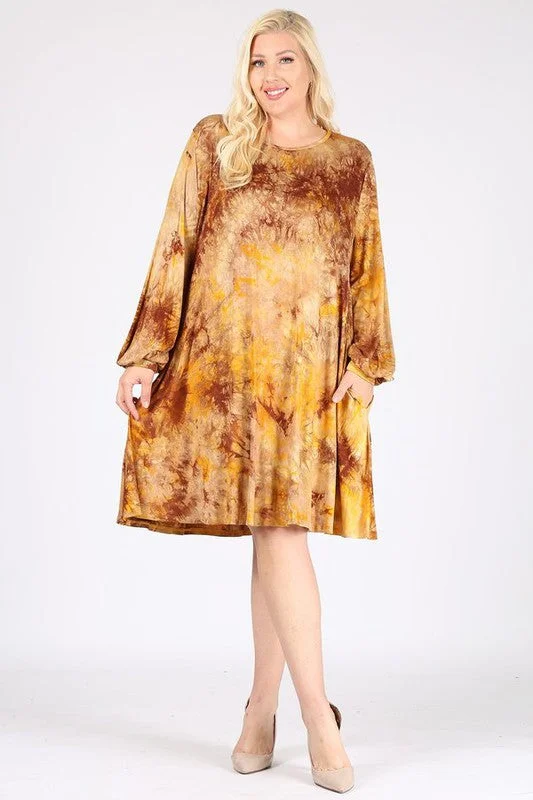 Women's Elegant Evening Outfit Golden Yellow Tie Dye Dress w Long Bubble Sleeves