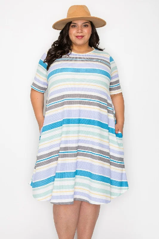 Plus Size Women's Fashion Beautiful Stretchy Stripe Dress w Pockets