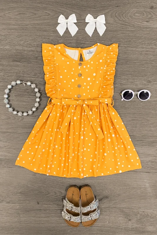 Relaxed Style Mustard Polka Dot Ruffle Tie Dress