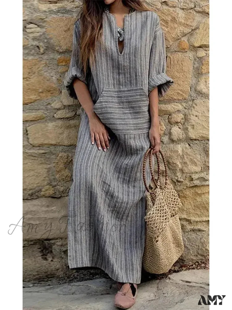 Women's Clothing Sets Amy Fashion - Summer Striped Cotton Linen Oversize Long Boho Dress