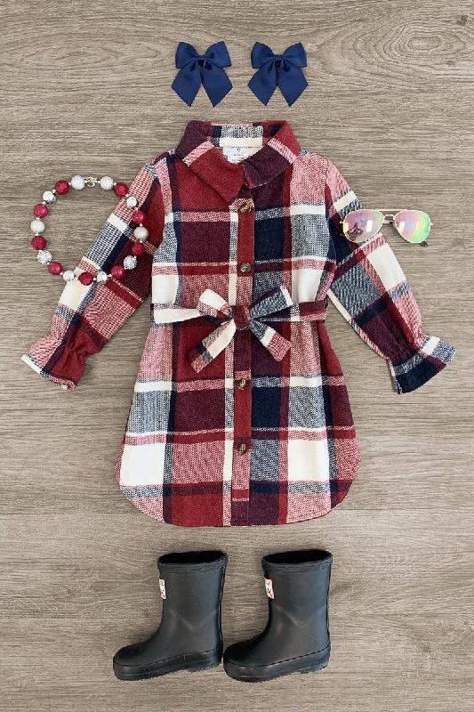 Women's Stylish Professional Garments Burgundy & Navy Plaid Flannel Dress