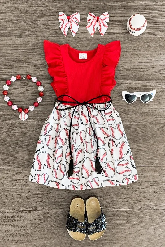 Charming Everyday Clothing For Women Red & White Baseball Heart Dress