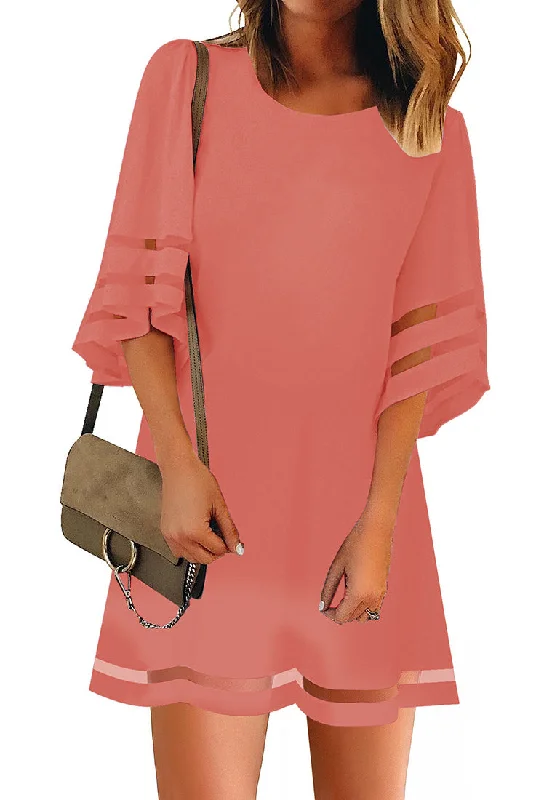 Women's Party Clothes Salmon Women Casual Crewneck Mesh Panel 3/4 Bell Sleeve Loose Tunic Dress