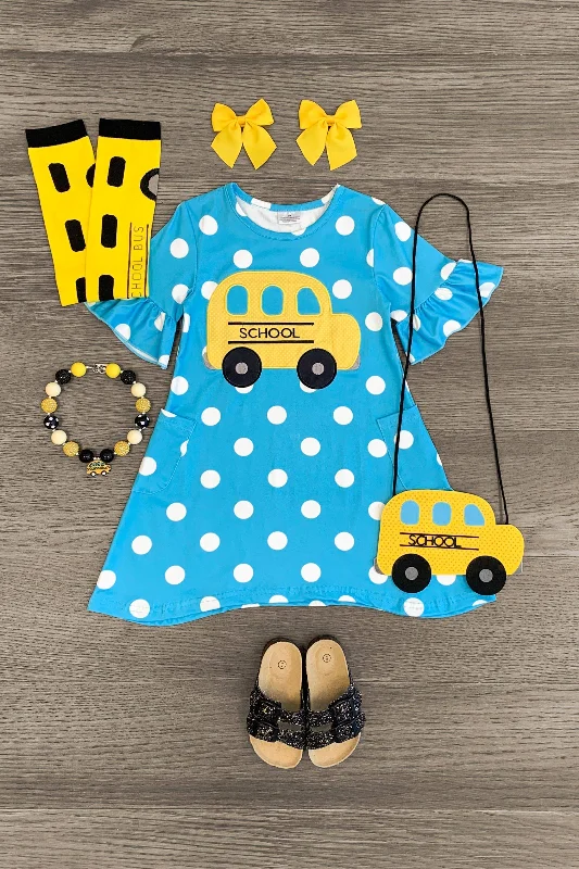 Trendy Street Style Blue Polka Dot School Bus Dress