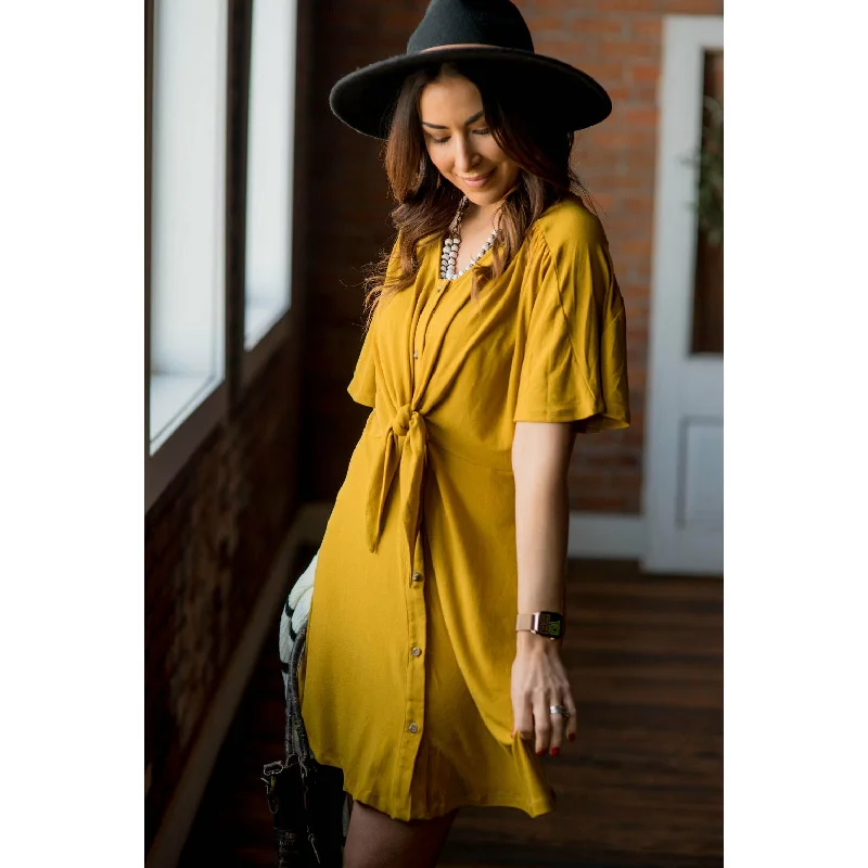 Women's Occasion Wear Clothes Mustard Front Tie Button Dress