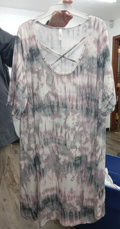 Women's Vintage Clothes Gray Pink Tie Dye X Neck Dress