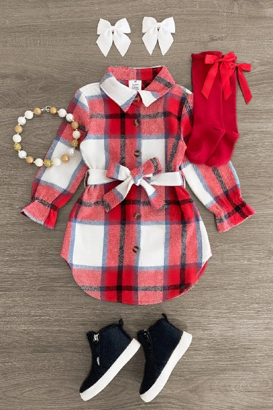 Free Spirited Fashion Red & Blue Button Flannel Dress