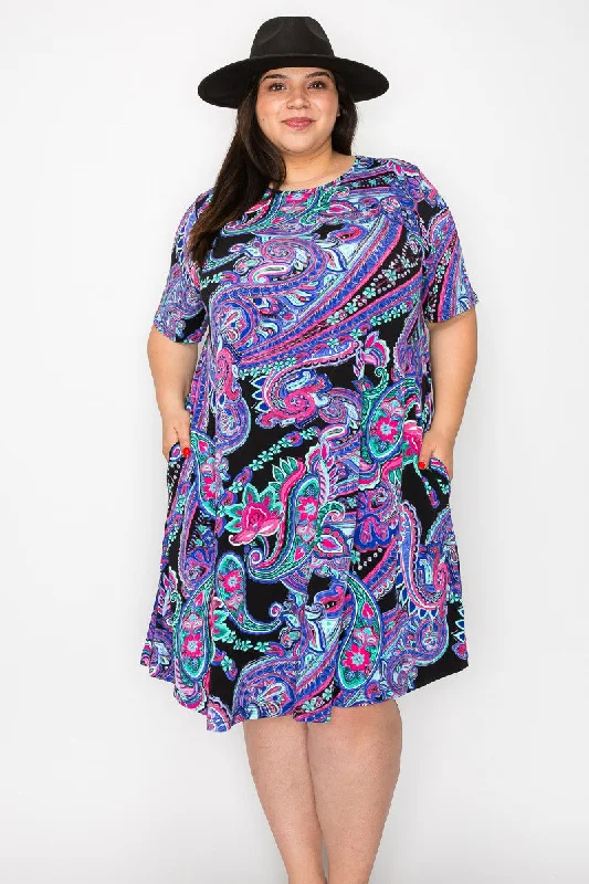 Stylish Savings Black Purple Paisley Dress w Pockets