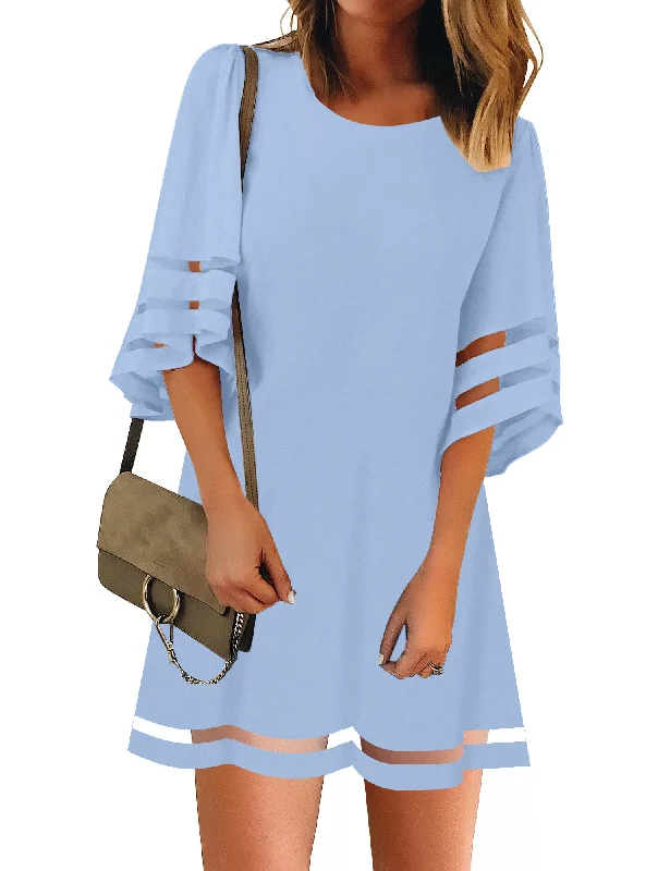 Women's Comfortable Lounge Garments Powder Blue Women Casual Crewneck Mesh Panel 3/4 Bell Sleeve Loose Tunic Dress